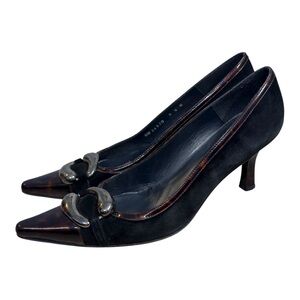 Stuart Weitzman Black Suede & Brown Tortoiseshell Leather Pointed Toe Heels